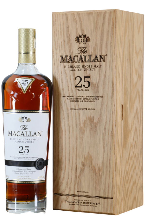 Macallan 25 Years Sherry Oak 2023 Release + Wooden GB 43% 70cl