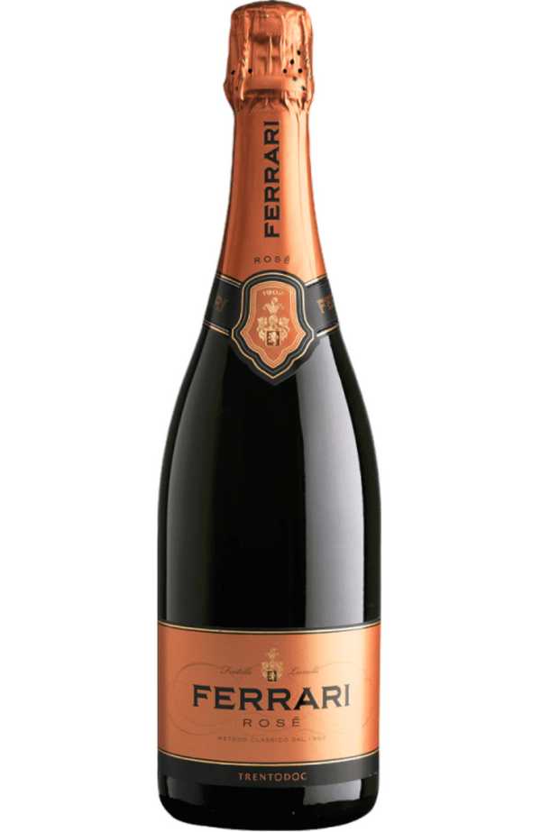 Ferrari Rosé Brut DOC 'Metodo Classico' 75cl, a delicate sparkling rosé from Trento, Italy. It features vibrant red fruit notes, like wild strawberries and raspberries, balanced with floral and subtle yeast aromas. Perfect for pairing with charcuterie, light seafood dishes, or soft cheeses.