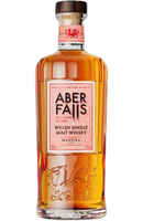 Aber Fais Distilled & Bottled in Wales Welsh Single Malt Whisky in a clear glass bottle with amber liquid, a pink label, and a dark brown cap, shown on a white background.