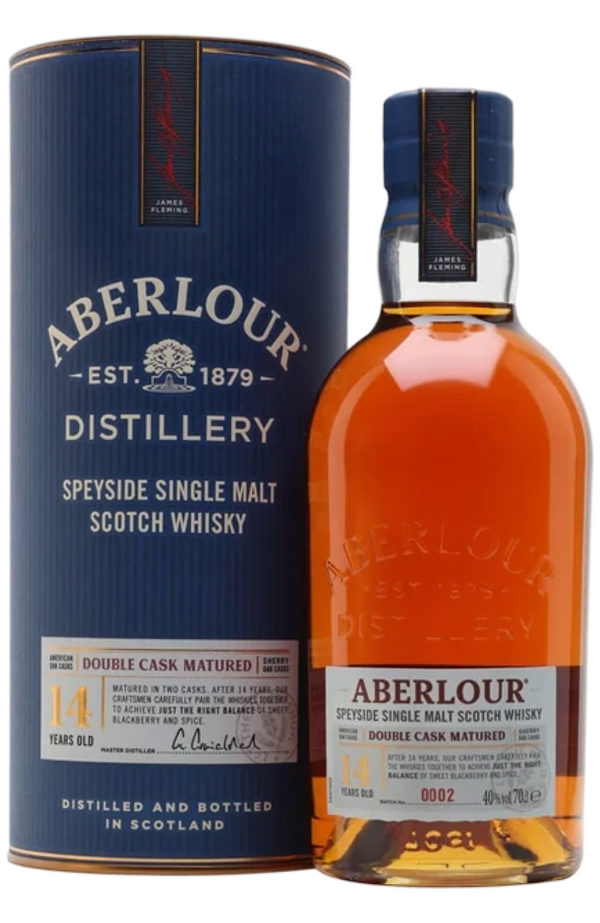 Aberlour 14 YO Double Cask 40% 70cl from Spades Wines & Spirits. A well-crafted Speyside whisky, matured in both American oak and Oloroso sherry casks. It offers rich aromas of dried fruit, honey, and a hint of spice. The palate is smooth, with notes of toffee, chocolate, and a touch of nuttiness, balanced by a subtle, warming spice. The finish is long and satisfying, with a gentle oak influence. Perfect for sipping neat, on the rocks, or with a drop of water.