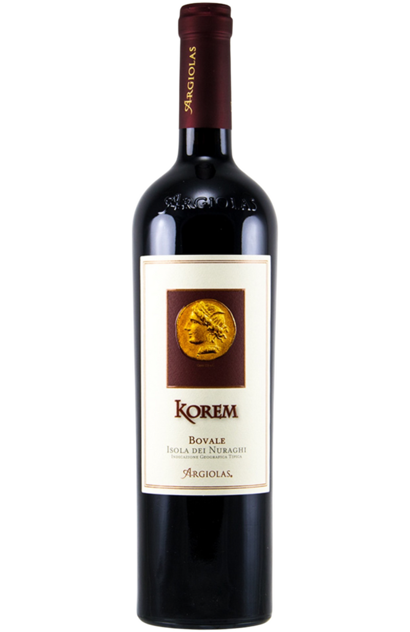 Argiolas Korem is a rich Sardinian red wine blending Bovale Sardo, Carignano, and Cannonau grapes. It offers an aromatic bouquet of ripe blackberries, cherries, and spices, complemented by hints of Mediterranean herbs. The palate is full-bodied and velvety, with balanced tannins and a lingering finish. Pairs beautifully with roasted meats, game, and aged cheeses.