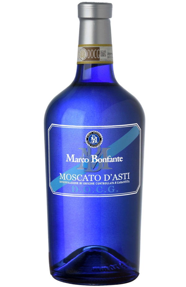 Marco Bonfante Moscato d'Asti DOCG Blue 75cl bottle from Spades Wines & Spirits. A sweet, lightly sparkling white wine from Piedmont, Italy, crafted from the Moscato grape. This wine features delicate aromas of peach, apricot, and white flowers, with a refreshing sweetness and soft bubbles. Perfect for pairing with desserts, pastries, or enjoyed as a delightful aperitif.