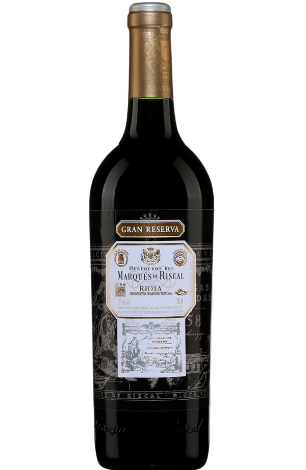 Marques de Riscal - Rioja Gran Reserva, 75cl bottle available at Spades Wines & Spirits. A distinguished Spanish red wine from the Rioja region, crafted primarily from Tempranillo grapes. It boasts a deep garnet color, with aromas of ripe red fruit, vanilla, and hints of spice. The palate is complex and elegant, featuring well-structured tannins and a lingering, refined finish. Ideal for pairing with roasted lamb, cured meats, or rich mushroom dishes.