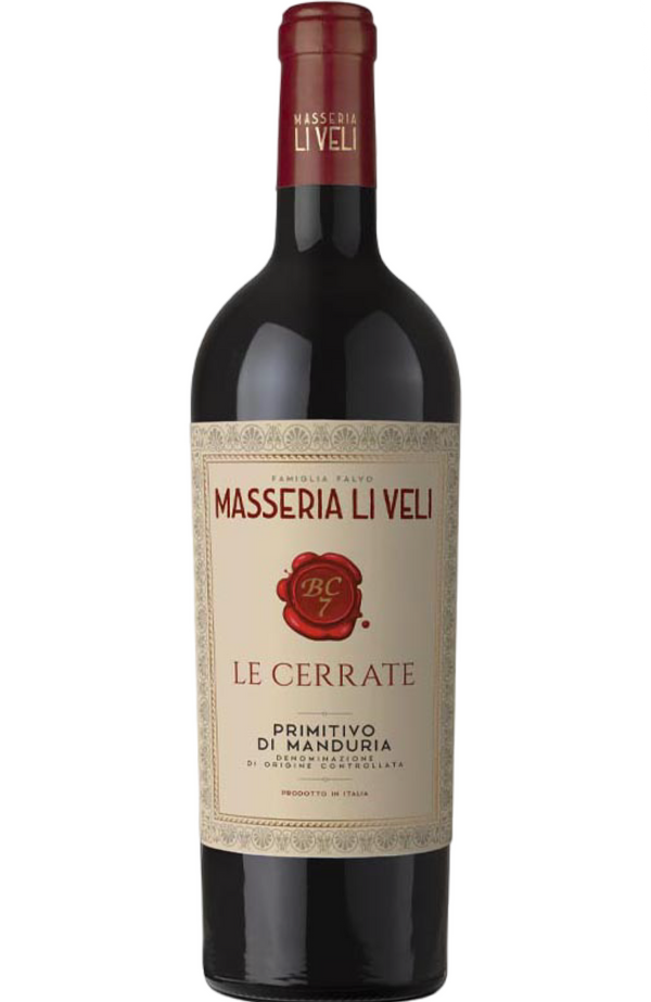 Masseria Li Veli Le Cerrate Primitivo di Manduria DOC 75cl bottle from Spades Wines & Spirits. Rich, full-bodied red wine from the Manduria region in Italy, made from Primitivo grapes. With intense notes of dark berries, plum, and a hint of spice, it has a smooth texture and a well-rounded finish. Perfect for pairing with grilled meats, hearty pasta, and aged cheeses.