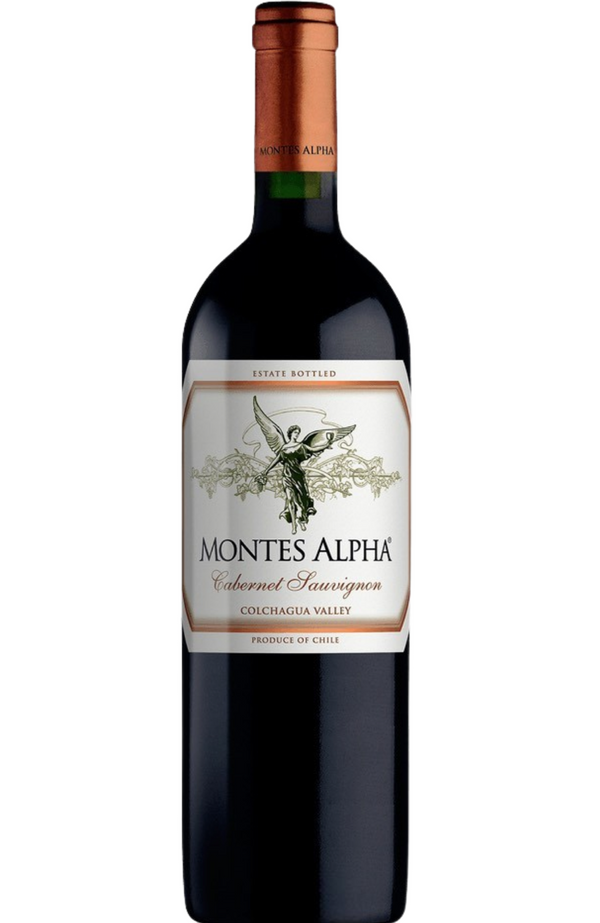 Montes Alpha Cabernet Sauvignon by Spades Wines & Spirits, a bold and structured Chilean red wine with rich flavors of blackcurrant, dark chocolate, and a hint of spice. Perfectly paired with grilled steaks, roasted lamb, and aged cheeses. Ideal for indulgent meals and special celebrations.