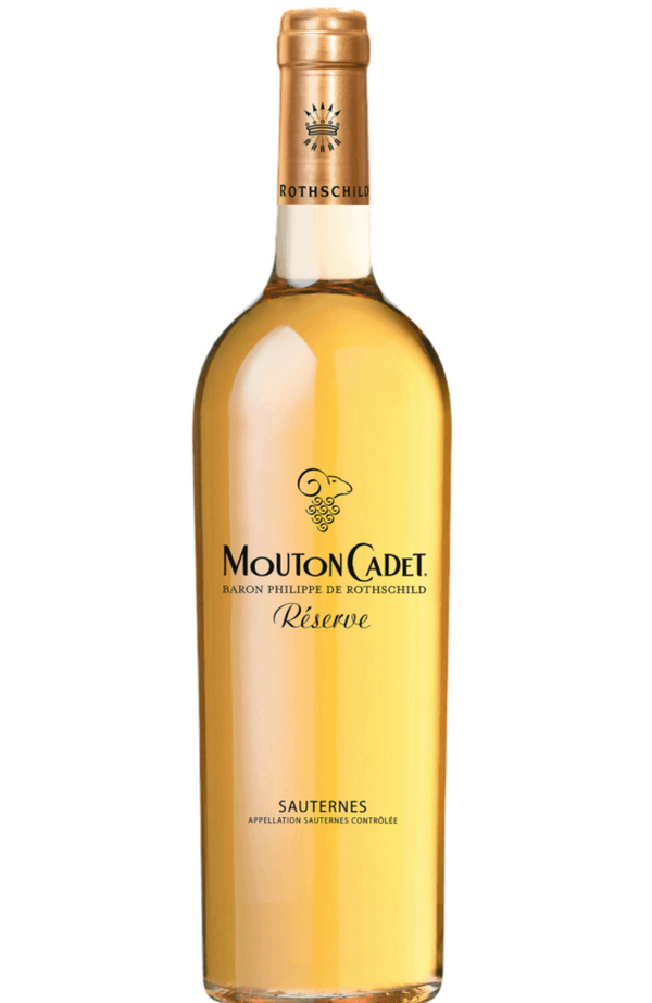 Mouton Cadet Reserve Sauternes 13.5% 75cl by Spades Wines & Spirits, a luxurious French dessert wine with rich flavors of honey, apricot, and candied citrus. Perfectly paired with foie gras, blue cheese, and fruit-based desserts. Ideal for indulgent meals and special occasions.