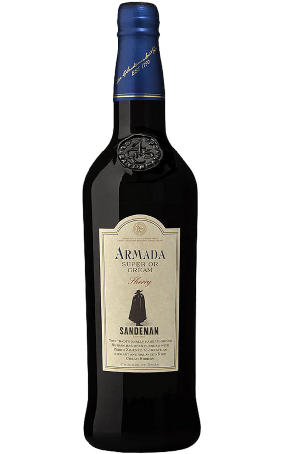 Sandeman Armada Oloroso Cream Sherry Jerez 15% 50cl by Spades Wines & Spirits, a rich and velvety Spanish sherry with deep flavors of caramel, roasted nuts, and dark chocolate. Perfectly paired with dessert dishes, blue cheeses, and dried fruits. Ideal for indulgent moments and special celebrations.
