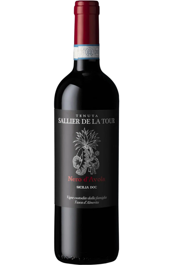 "Tenuta Sallier De La Tour - Nero D'Avola DOC 75cl, a bold and vibrant Sicilian red wine made from the region's signature grape. It showcases flavors of ripe cherries, plums, and a touch of spice with smooth tannins and a balanced finish. Ideal for pairing with grilled meats, pasta with rich sauces, and aged cheeses.