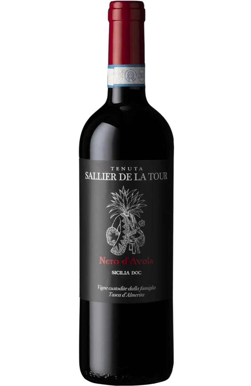 "Tenuta Sallier De La Tour - Nero D'Avola DOC 75cl, a bold and vibrant Sicilian red wine made from the region's signature grape. It showcases flavors of ripe cherries, plums, and a touch of spice with smooth tannins and a balanced finish. Ideal for pairing with grilled meats, pasta with rich sauces, and aged cheeses.