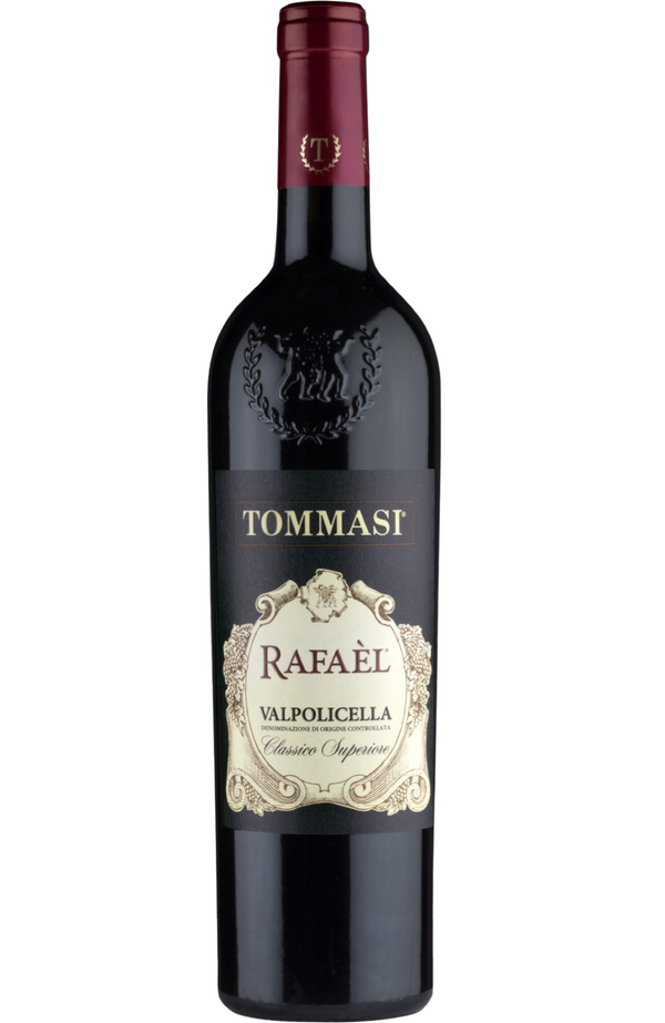 Tommasi Rafael Valpolicella Classico Superiore 75cl bottle from Spades Wines & Spirits. A well-balanced red wine from the Valpolicella Classico area in Veneto, Italy, made from Corvina, Rondinella, and Molinara grapes. This Superiore wine offers bright aromas of red cherry, plum, and hints of spices, with a medium body, refined tannins, and a smooth, elegant finish. Ideal for pairing with roasted meats, pasta dishes, and soft cheeses.