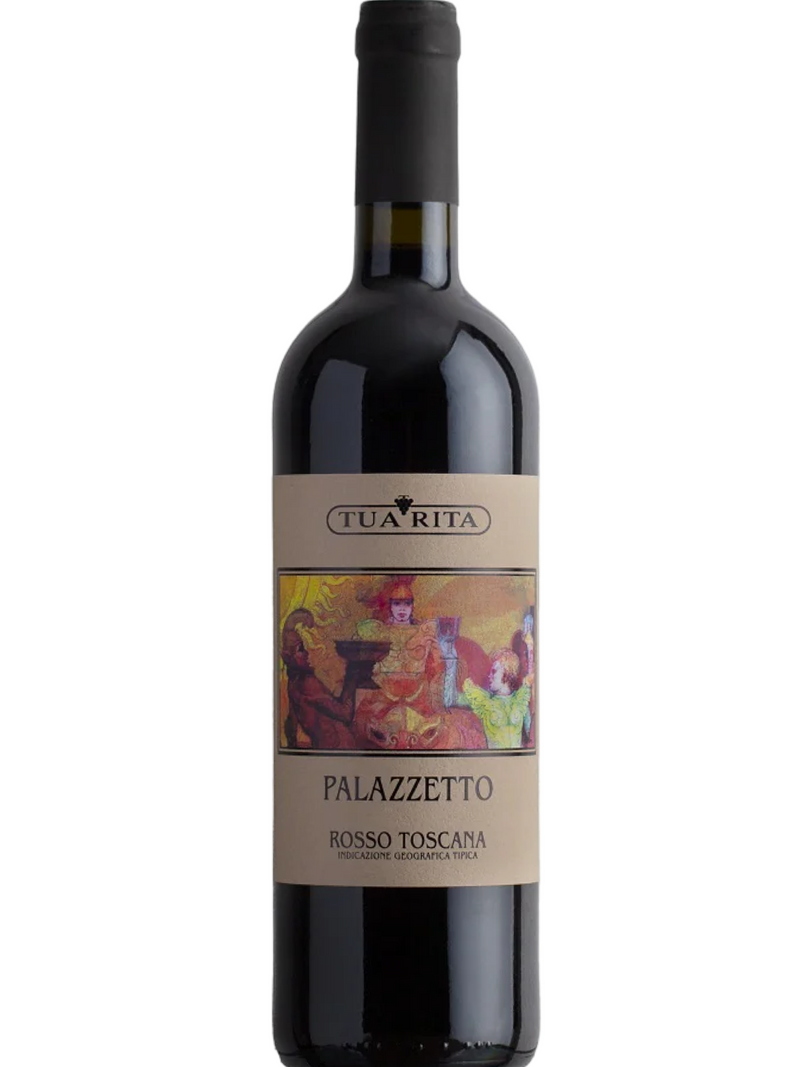 Tua Rita Palazzetto 75cl from Toscana, Italy. This red wine is a blend of Sangiovese and Cabernet Sauvignon. It features a rich aroma of dark berries, cherry, and hints of spice. On the palate, it is full-bodied and well-structured with flavors of ripe red fruit, blackcurrant, and a touch of oak. The wine has a smooth texture and a long, elegant finish, making it an excellent match for roasted meats, hearty pasta dishes, and aged cheeses.