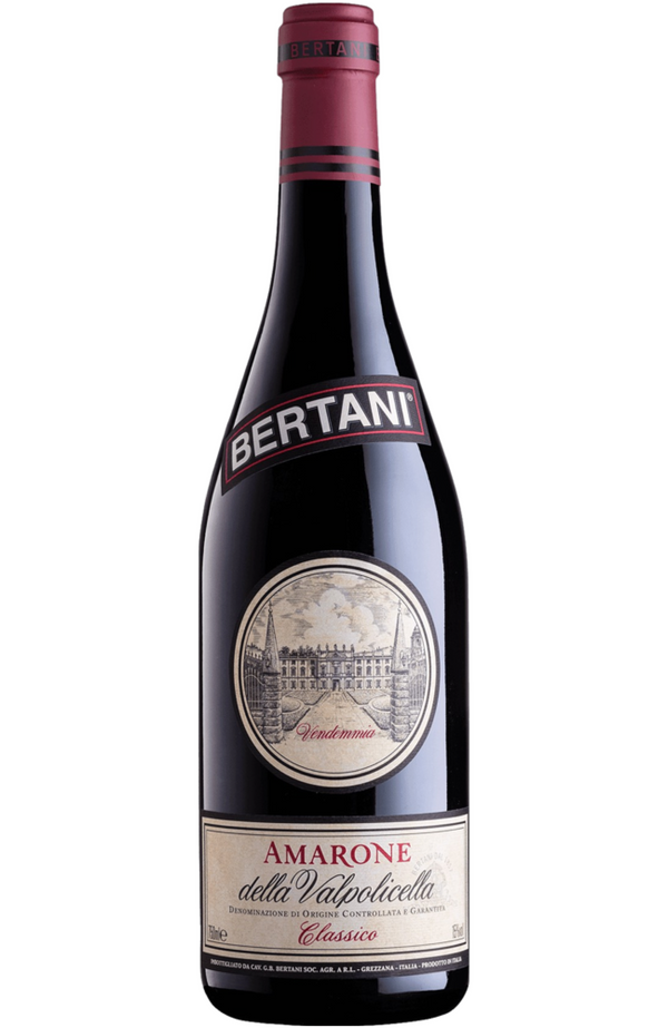 Bertani Amarone Della Valpolicella Classico 75cl bottle from Spades Wines & Spirits. A classic red wine from the heart of the Veneto region, crafted from carefully selected dried Corvina and Rondinella grapes. This Amarone showcases rich aromas of dark cherries, dried fruits, and spices, complemented by hints of chocolate and vanilla. The full-bodied palate is characterized by silky tannins and a long, warming finish. Ideal for pairing with rich dishes such as braised meats, hearty stews, and aged cheeses.