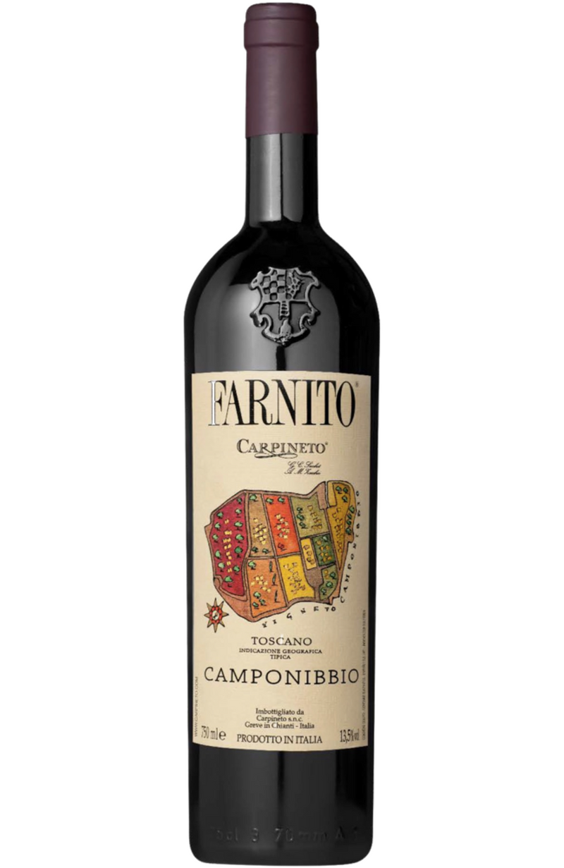 Carpineto Farnito Camponibbio IGT 75cl bottle from Spades Wines & Spirits. A bold red wine from Tuscany, Italy, made with a blend of Sangiovese, Cabernet Sauvignon, and Merlot grapes. This wine offers rich aromas of dark berries, plums, and subtle notes of spices and vanilla. Full-bodied with velvety tannins, it has a long, smooth finish. Perfect for pairing with grilled meats, hearty stews, and aged cheeses.