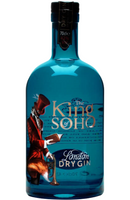 The King of Soho London Dry Gin bottle with blue glass and vintage gentleman label design