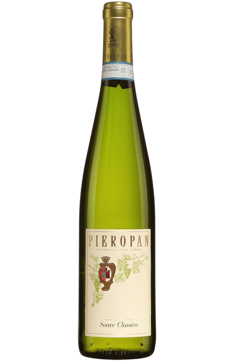 Pieropan - Soave Classico DOC, 70cl bottle available at Spades Wines & Spirits. A crisp Italian white wine made from Garganega grapes. It presents a pale straw color with aromas of citrus, white flowers, and a touch of almond. On the palate, it is light and fresh, offering flavors of green apple, lemon, and a subtle minerality, with a clean, refreshing finish. Ideal for pairing with seafood, salads, or light pasta dishes.