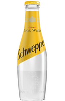 Schweppes Indian Tonic Water in glass bottle with yellow label, ideal for cocktails and mixers