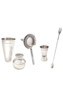 Van Beuker bar tools set: cocktail shaker, strainer, jigger, stirrer, and spice jar for mixology